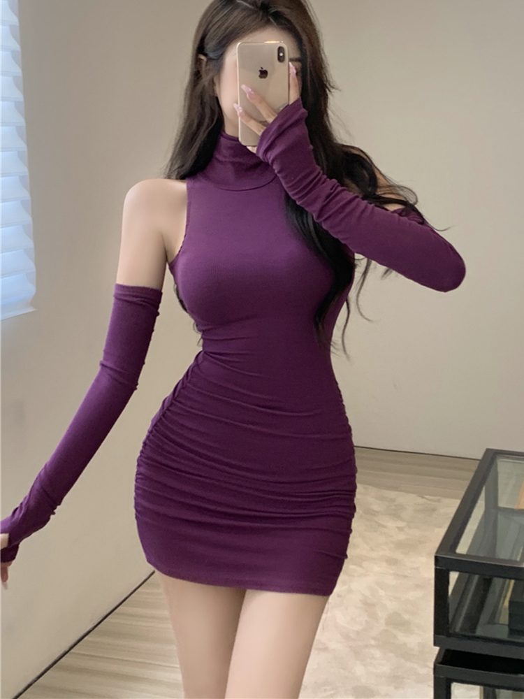 2023 Nieuwe mini-jurk voor dames, mouwloze geplooide skinny jurk, hoge hals, vetersluiting, herfst, zwarte strakke elastische feesttankjurken