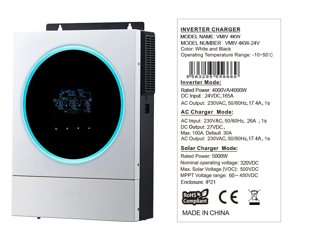 Axpert VM IV 4000W 하이브리드 태양광 인버터 Daul 출력 230VAC 순수 사인파 24V48V MPPT 120A 태양광 충전기
