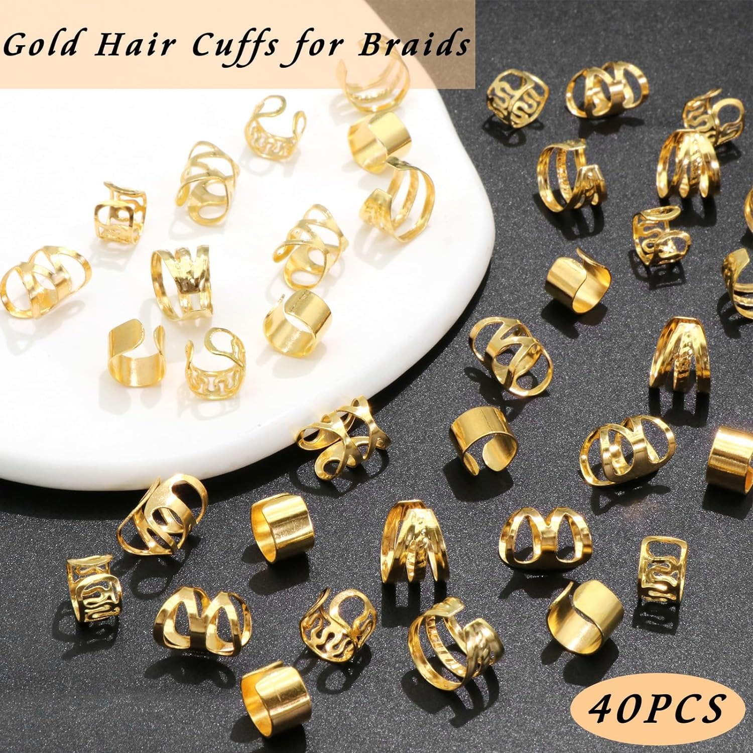40PCS เครื่องประดับผมสําหรับ Braids ทองผม Cuffs หลายสไตล์แหวนปรับลูกปัดสําหรับ Braid Loc Dreadlock อุปกรณ์เสริม