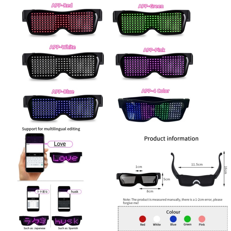 บลูทูธ APP Control LED ปาร์ตี้แว่นตาเรืองแสงโปรแกรมแสดงข้อความที่กําหนดเองภาษา USB Charge PARTY Carnival PROP