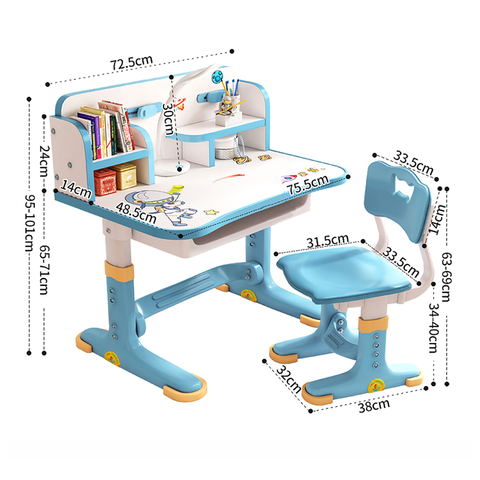 Widened Desktop Multi Separation Cartoon Pattern Desk Chair Set Kids Adjustable Height Study Table with Drawer Chair Set