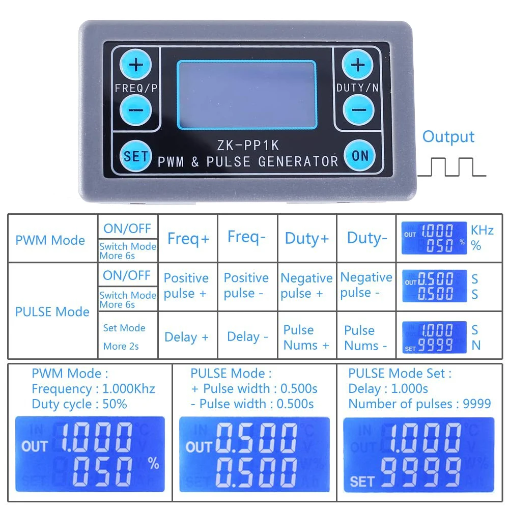Generador de señal de modo Dual ZK-PP1K LCD PWM 1 canal 1Hz-150KHz PWM frecuencia de pulso ciclo de trabajo generador de onda cuadrada ajustable