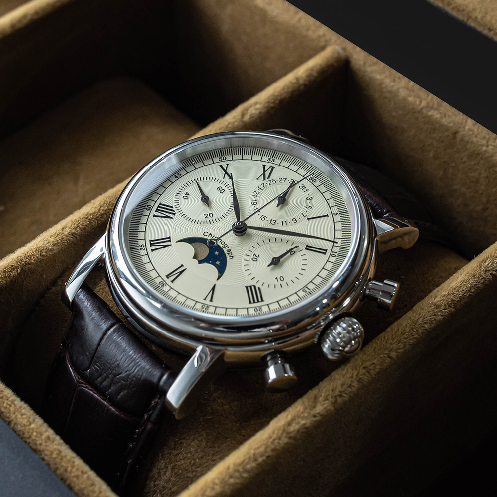 Reloj Sugess ST1908 para hombre, reloj de pulsera con cronógrafo mecánico con movimiento de cuello de cisne, calendario de fase lunar auténtica, cuero Vintage, nuevo 2023