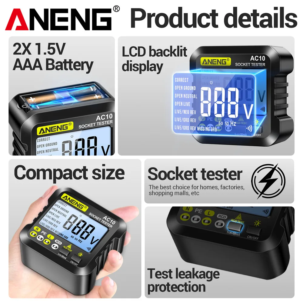 ANENG AC10 probador de enchufe Detector de enchufe enchufe de línea cero polaridad retención de fase Detector de fase enchufe de EE. UU./UE multímetro probador Digital
