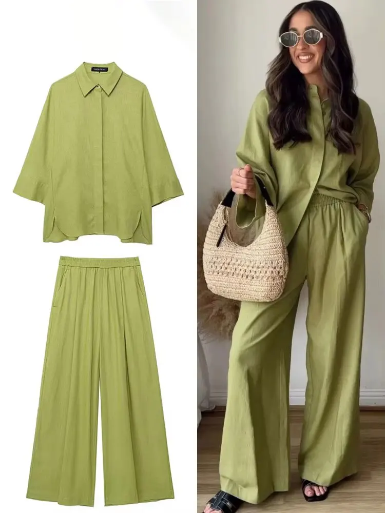 HH Vrouwen Casual Effen Blouse Broek Sets Losse Lange Mouw Revers Shirts Elastische Taille Wijde Pijpen Broek Kantoor Dame Pak