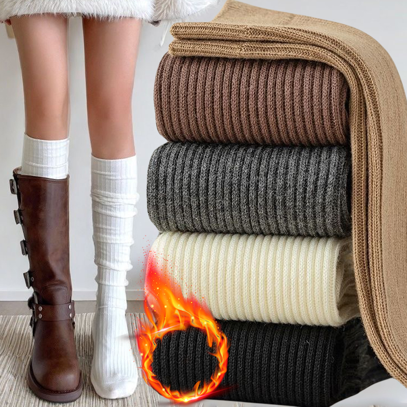 Calcetines largos de lana suave para mujer, medias de punto liso de Cachemira para otoño e invierno, calcetines gruesos cálidos y esponjosos hasta la rodilla informales ajustados para niñas