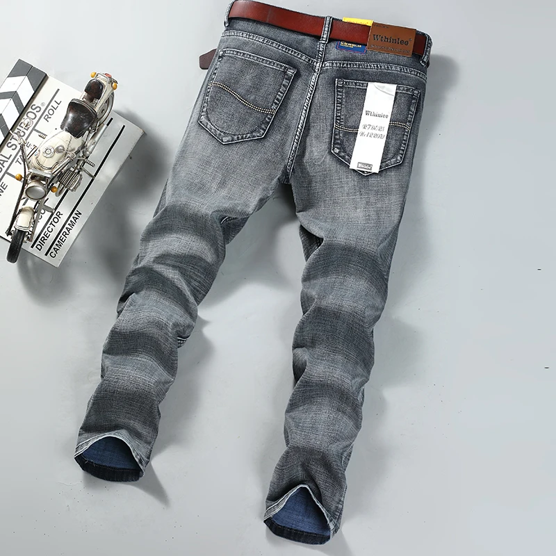 Wthinlee magro lavado jeans casual em linha reta estiramento moda clássico azul preto trabalho denim calças masculinas roupas de marca