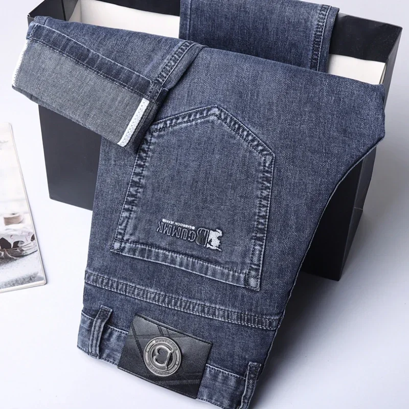 Pantalones vaqueros de pierna recta para hombre, vaqueros de corte elástico fino, holgados, verano, 2024