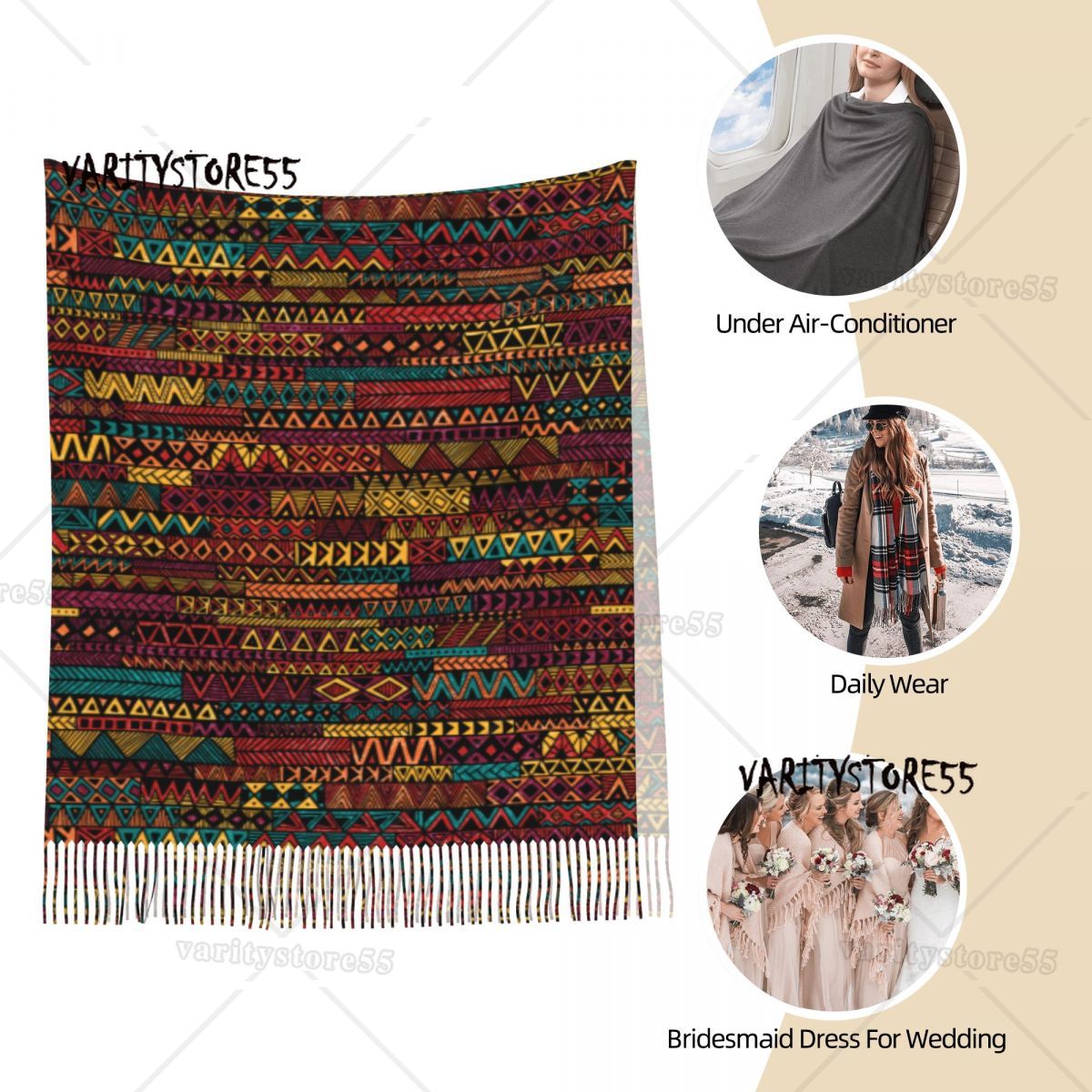 Schal im ethnischen Stil für warme Winters chals für Damen wickeln große Schals mit Quasten damen