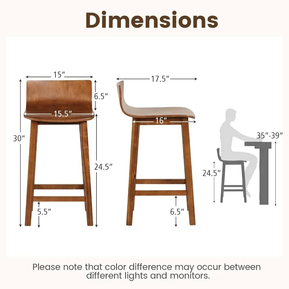 24.5" Bar Stools Set of 4, Counter Height Bar Stools w/Low Back & Footrest, Farmhouse Wooden Bar Dining Chairs, Armless Wood