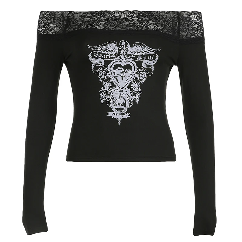 CIBBAR ゴシックプリントクロップトップ黒レースステッチオフショルダースラッシュネック Tシャツ女性カジュアル秋 Tシャツ y2k 美的シャツ