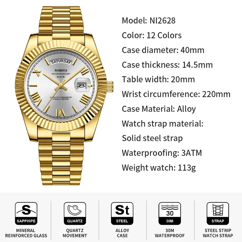 Marca NIBOSI, Reloj de cuarzo rojo dorado de lujo para Hombre, acero inoxidable, resistente al agua, luminoso, fecha, semana, relojes de moda para Hombre, Reloj para Hombre