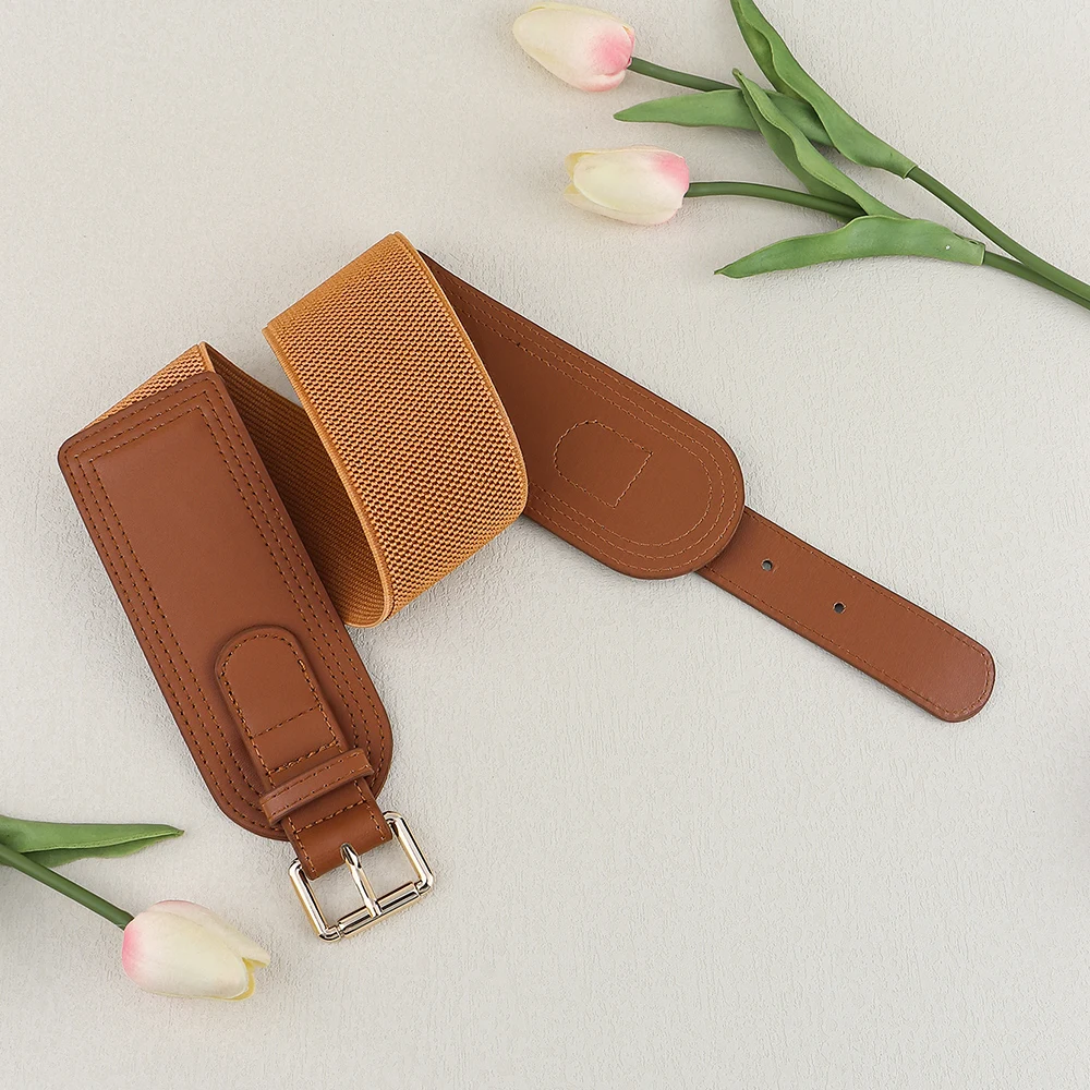 Cinto feminino elástico com fivela de pino quadrado, cinto largo elástico com jaqueta de terno