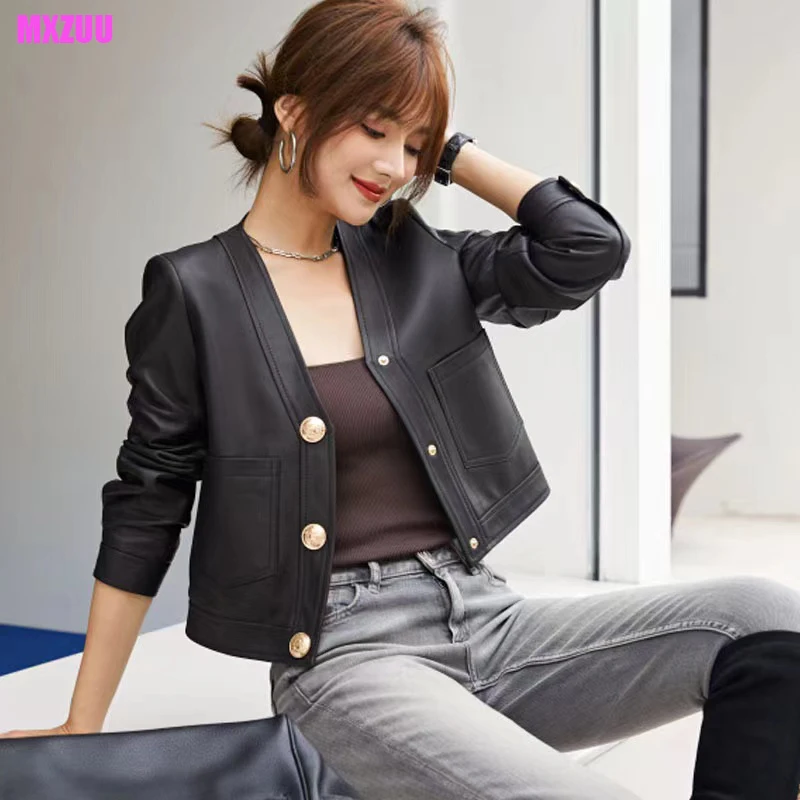 Echt Schapenvacht Casacas Para Mujer Vrouwen Casual V-hals Korte Kaki/Wit/Zwart Leren Jas Feminino Slim Tops Trendy pocket