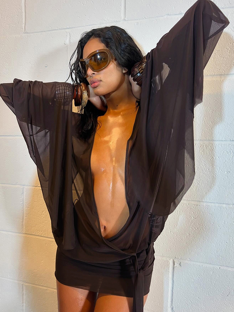 Kliou Mesh Onregelmatige Vrouwen Mini Jurk Sexy See Through Chic Lange Mouw Diepe Lage Hals Bandage Slanke Vestidos Mujer Coquette Japon