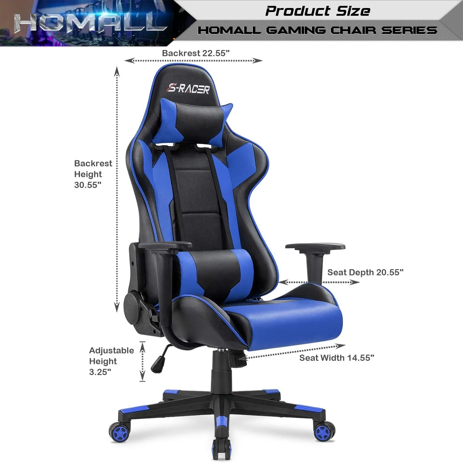 Gaming Executive Ergonomic Adjustable Swivel Task Chair with Headrest and Lumbar Support，19.8"D x 20.5"W x 47.8"H