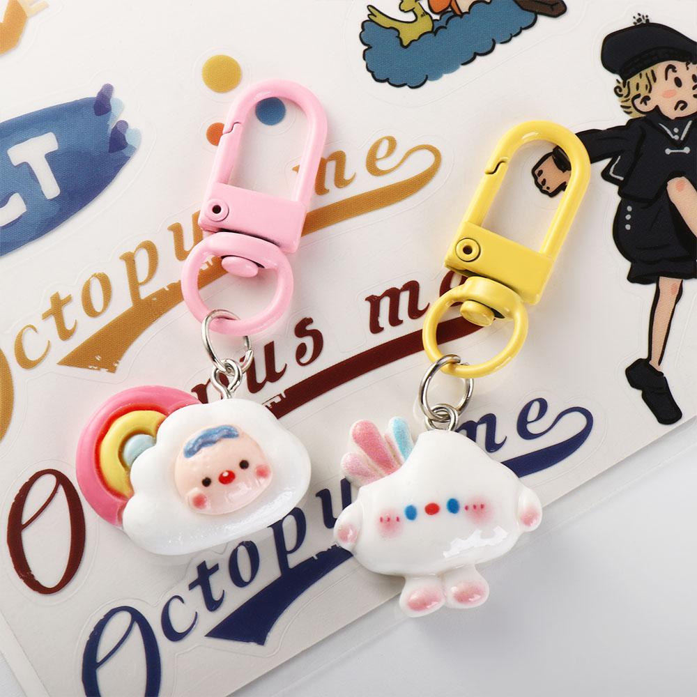 Gantungan kunci mobil liontin, gantungan kunci tas Resin kartun, Aksesori kunci mobil bintang biru awan lucu untuk wanita