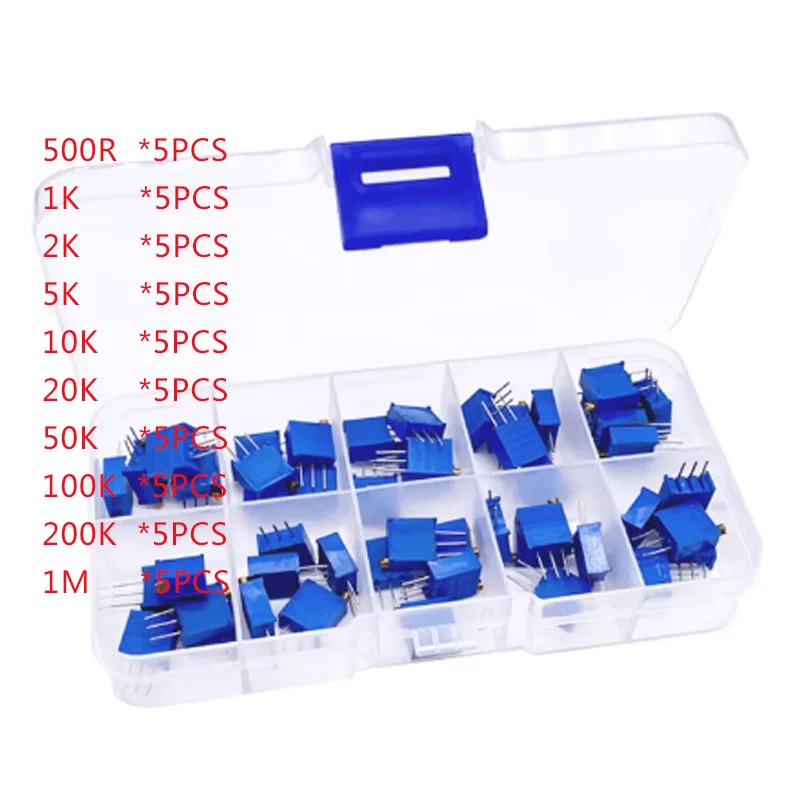 10 tipos de 50 Uds. Potenciómetro de ajuste de resistencia ajustable de precisión multivuelta 3296W kit ESC 500R/1K/2K/5K/10K/20K/50K/100K/1M