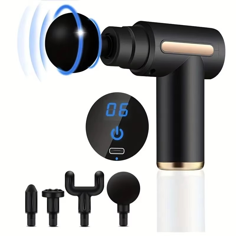 Pistola de masaje fascial portátil, pistola de percusión eléctrica, masajeador, relajación corporal con pantalla táctil LED, 4 cabezales reemplazables