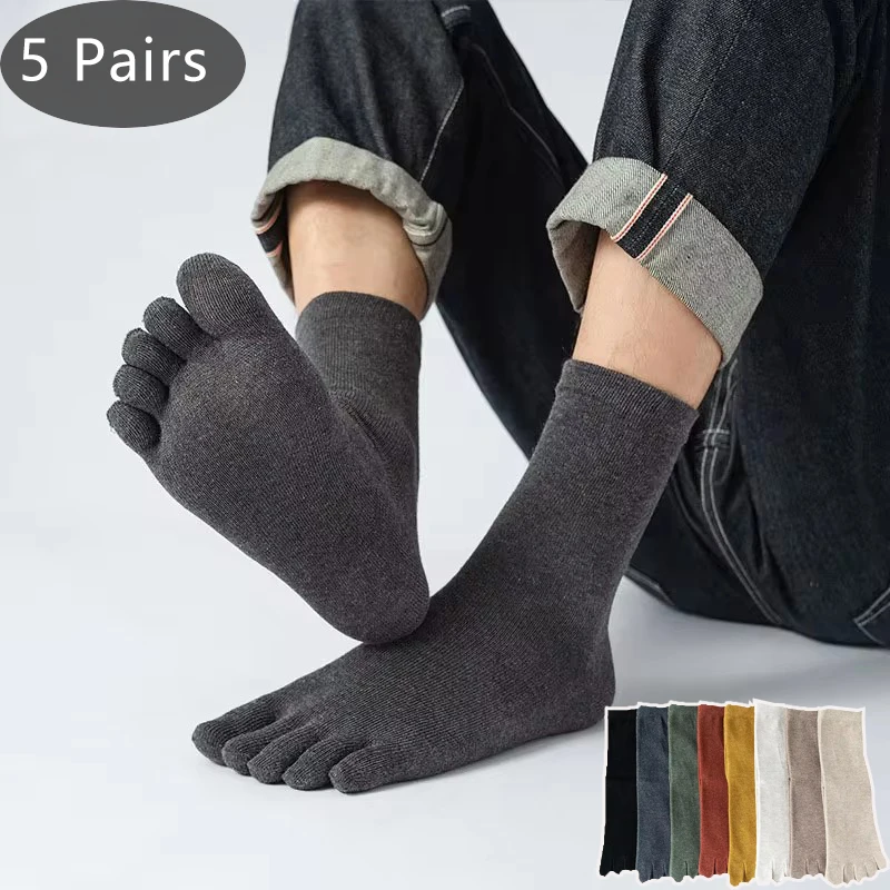 5 pares de calcetines de algodón con 5 dedos para hombre, calcetines sólidos de negocios que absorben el sudor, vestido de fiesta elástico suave, calcetines de punta corta Sokken 4 estaciones