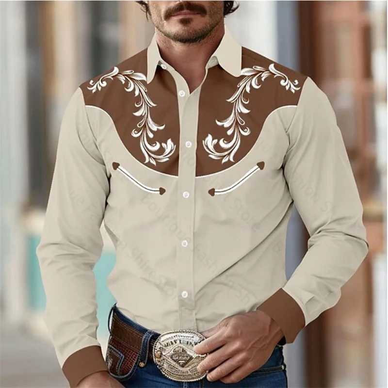 Florales Retro-Western-Herrenhemd für den Außenbereich, Straße, lässig, täglich, Frühling und Sommer, Revers, lange Ärmel, S-5XL, Stretch-Stoffhemd