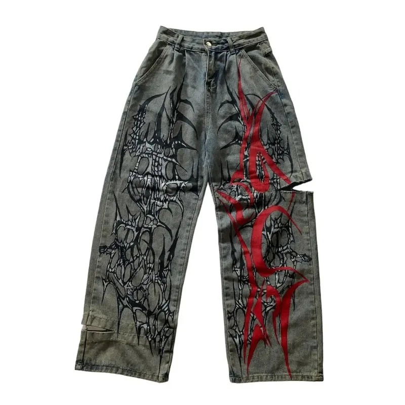 Nowy Harajuku Retro Big Tiger Head Embroidered Baggy Jeans Y2K Street Fashion Hip Hop Popular Gothic Casual Joker Spodnie z szerokimi nogawkami