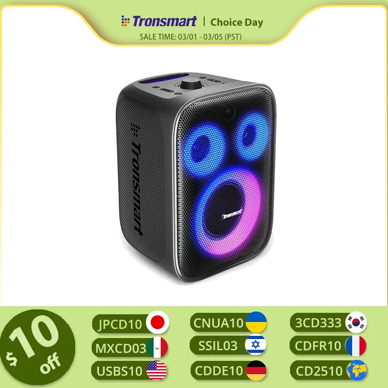 Динамик Tronsmart Halo 200 Bluetooth-динамик с 3-сторонней звуковой системой, 120 Вт, встроенным/проводнимым микрофоном, гитарным входом, управлением через приложение