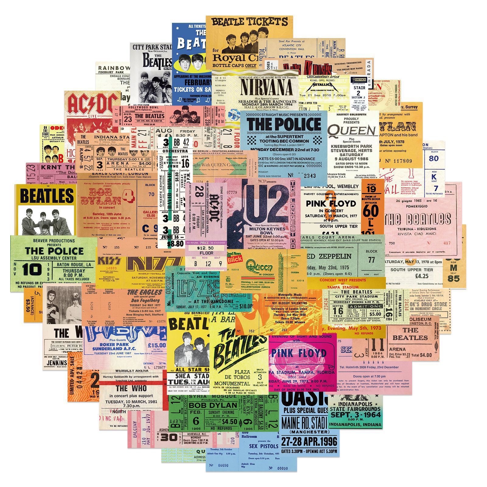55 Stück Retro Rock Band Tickets Graffiti Aufkleber Musik Ticket Aufkleber für Notebook Skateboard Gitarre Classic Cool Aufkleber Spielzeug