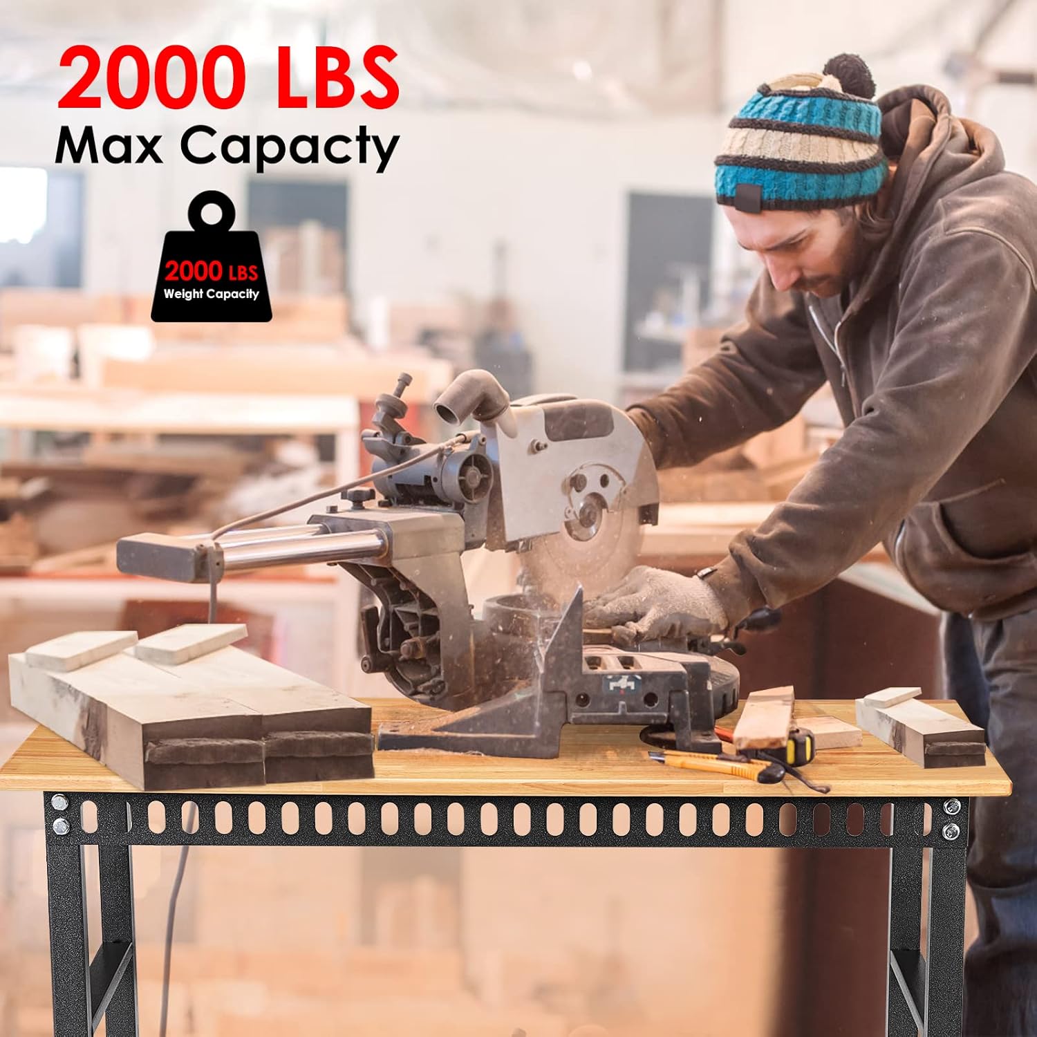 48 "Adjustable with Power Outlet, Heavy Duty 2000 LBS Load Capacity Hardwood Workbench Suitable for Workshop