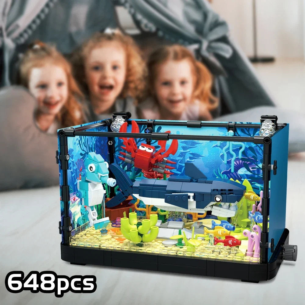 Kit de construção de tanque de peixes com luzes, moc aquário marinho blocos de construção de animais marinhos brinquedos para criança 6 +, tijolos brinquedos presentes do miúdo menino