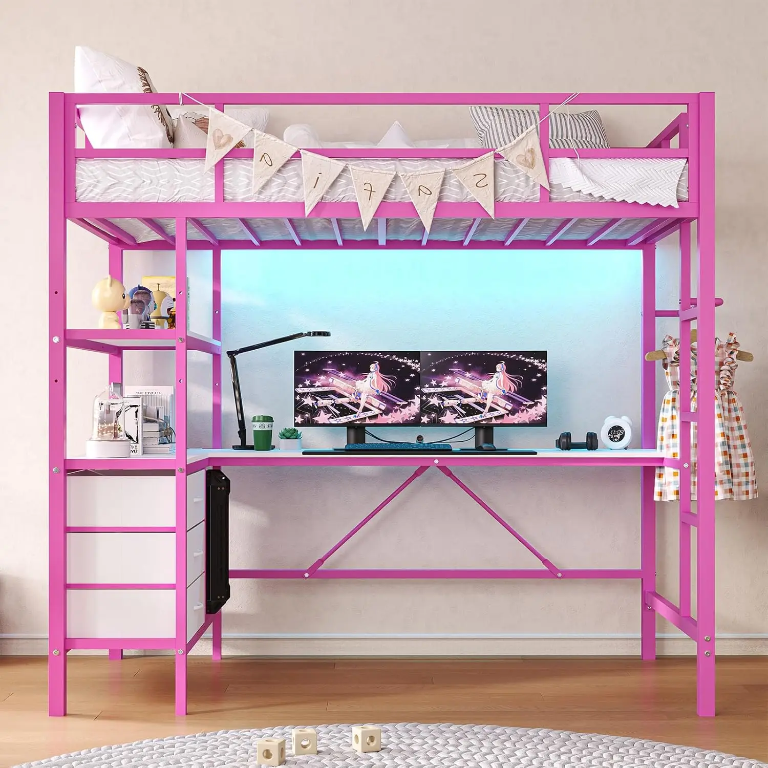 Loft Bed Twin Size with L-Shaped Desk, LED Lights and Charging Station Twin Metal Loft Bed Frame with 3 Storage Shelves