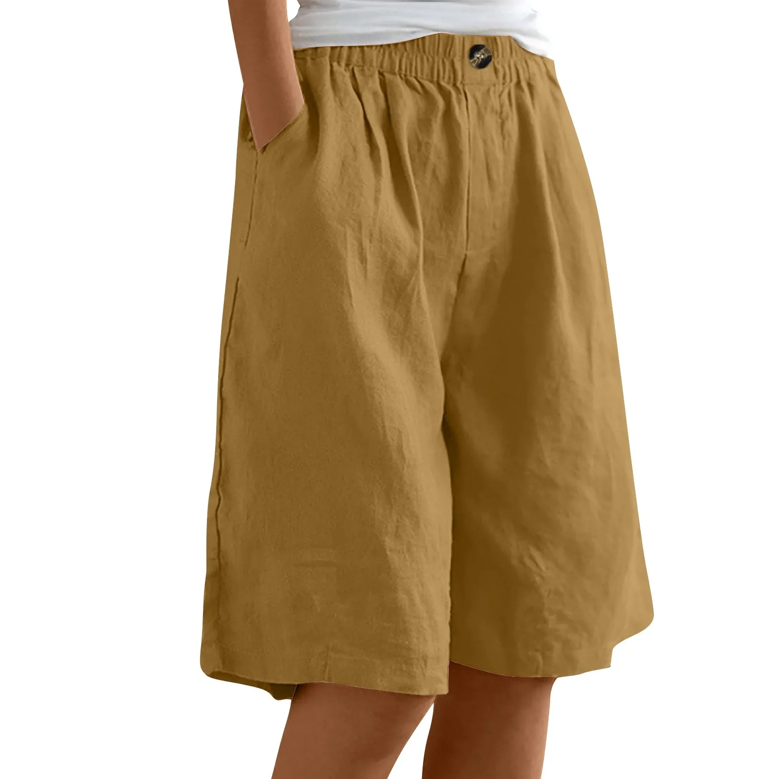 Calções elásticos de cintura alta, monocromáticos, de botões soltos, algodão, linho, cinco comprimentos, calças macias de conforto, moda feminina, verão