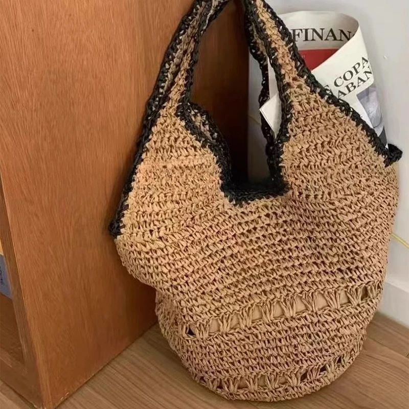Torba ze słomy o dużej pojemności dla kobiet, tkana, modna, ręcznie robiona torba na ramię w stylu boho, ekskluzywna torba plażowa na wakacje nad morzem.
