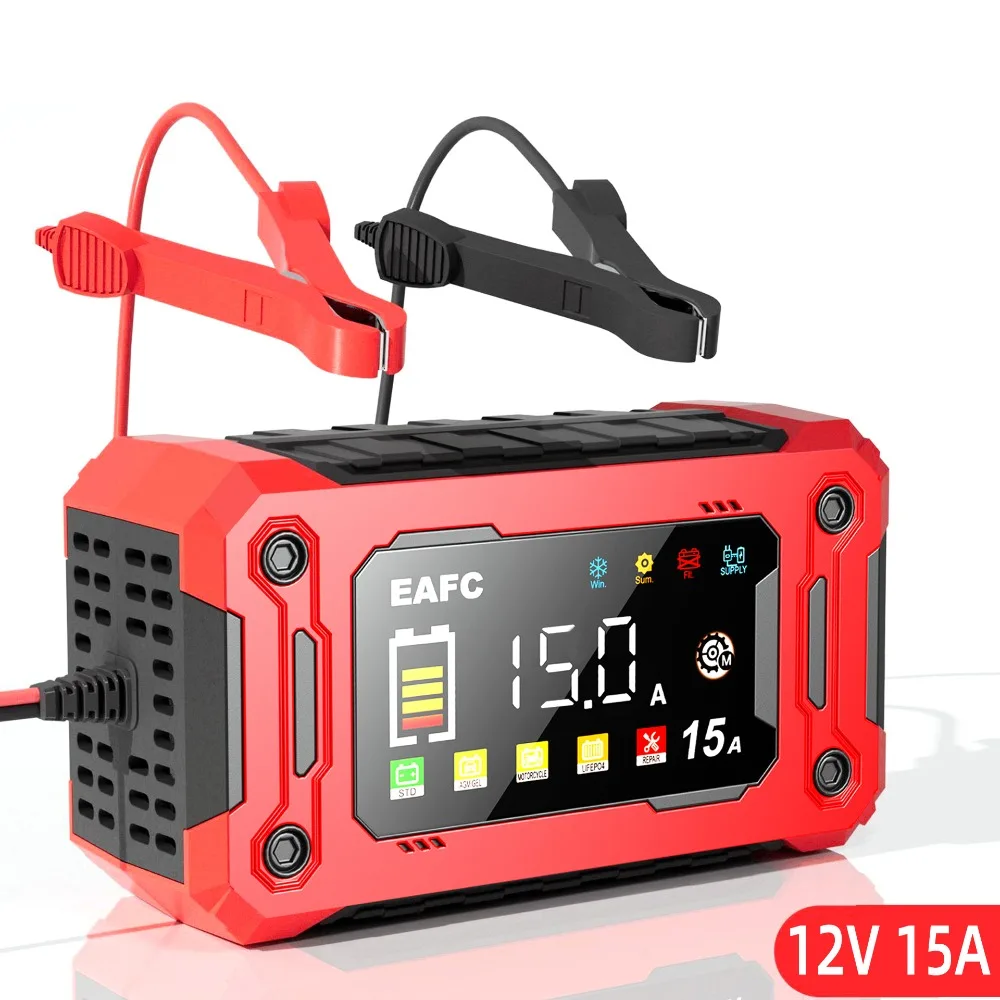 Mais novo carregador de bateria de carro 12v 15a/8a reparo de pulso grande display carregador inteligente para carro motocicleta baterias de chumbo ácido agm gel