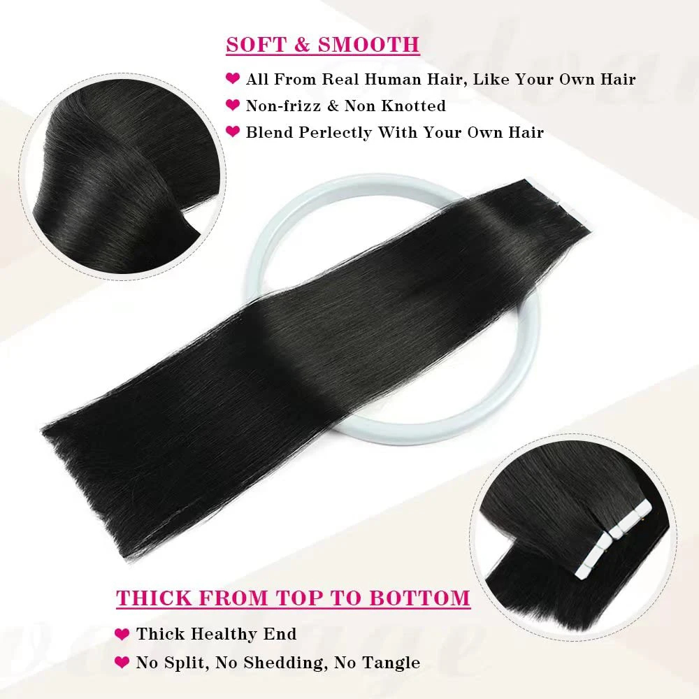 Bande dans les Extensions de cheveux Remy cheveux humains 20 pièces droite sans couture peau trame bande Extensions de cheveux naturel noir cheveux pour les femmes