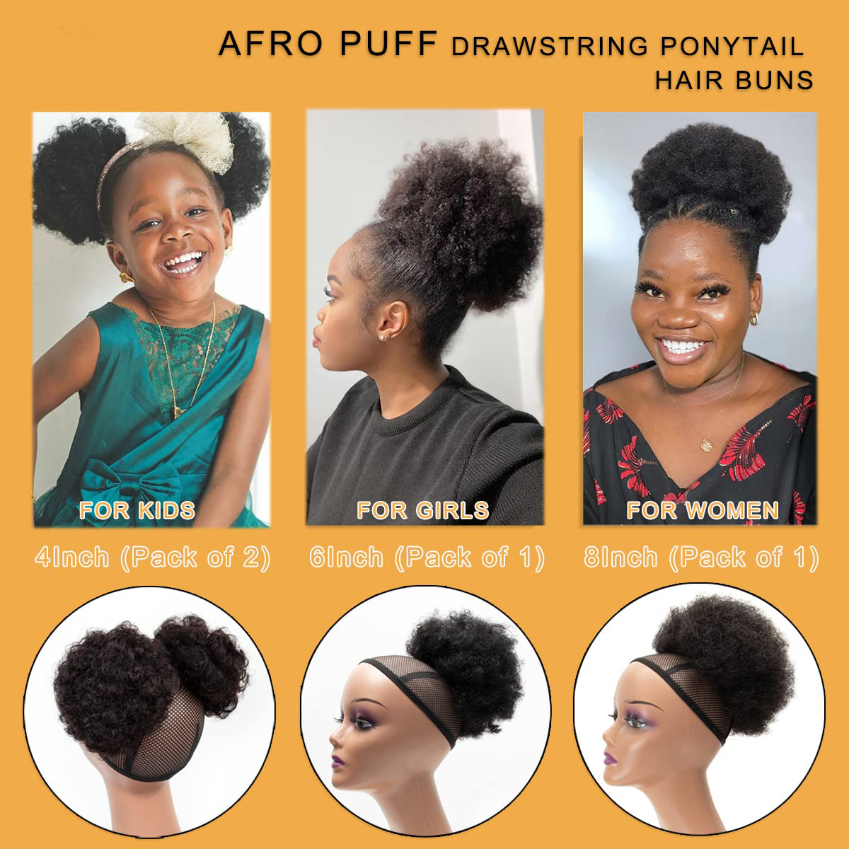 Sintético Afro Puff Drawstring Ponytail para meninas e mulheres, pãezinhos de cabelo pequeno, cabelo encaracolado Kinky, Donut Chignon, 4"