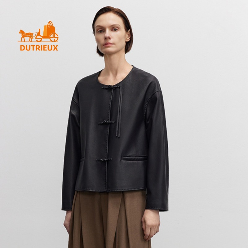 Winter New Genuine Leather Jacket for Women Temperament Short Sheepskin Leather Jacket Round Neck Loose Cowhide Windproof Coat