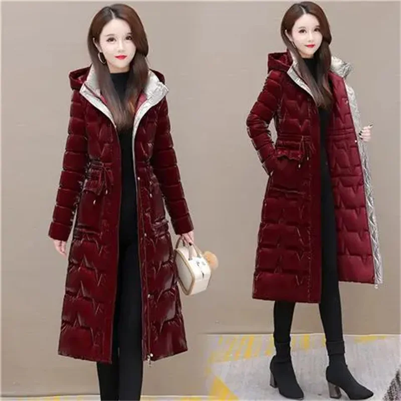 Abrigo grueso de algodón largo a prueba de viento para mujer, Parka larga con capucha y cordones, moda de invierno 2023