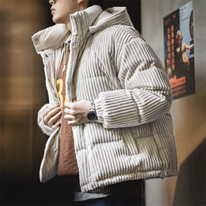 Maden 男性用ヴィンテージ灯芯絨ダウンジャケット冬の厚手保温ストライプ付き連帽アウター取り外し可能な帽子暖かく快適な上着黒色灰色から選択可