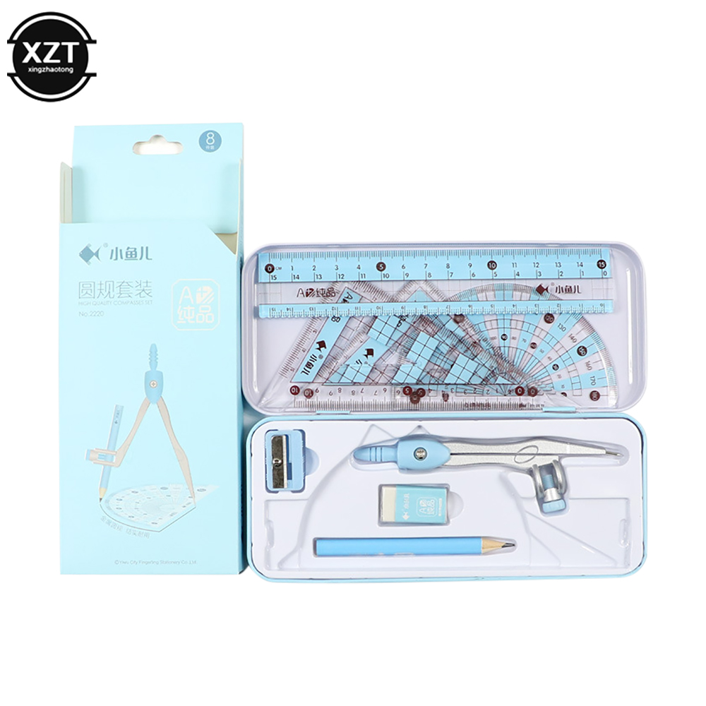 8 pcs/set Ruler Compass Eraser Triangle Protractor Set Geometry Stationery Mathematical For Boy Girl Students School Supplies