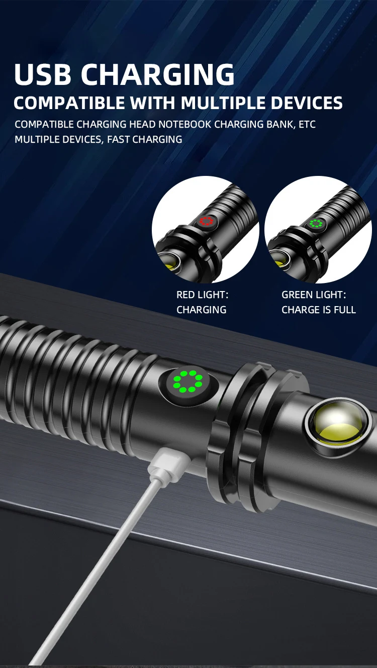 Mace flashlight with long handle is equipped with a broken window cone to prevent emergencies and support USB charging.