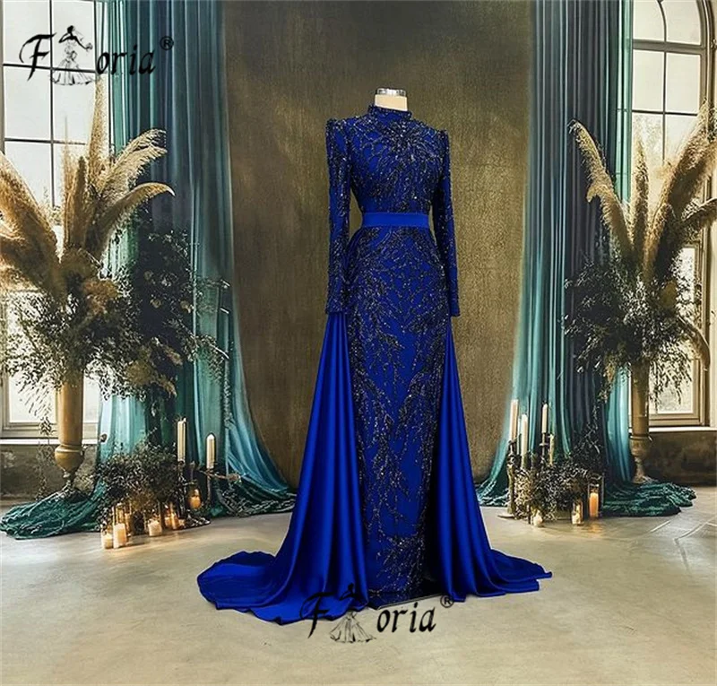 Aso Ebi Damen-Abendkleid mit langen Ärmeln und Perlen, blau, abnehmbarer Zug, 3D-Spitze, Applikationen, muslimisches Dubai, Hochzeitsparty-Kleider