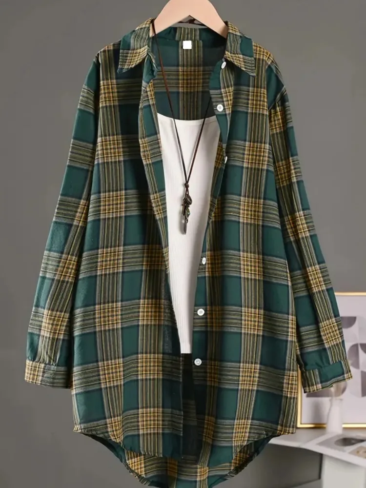 Camisa a cuadros de algodón y lino, holgada, media larga, talla grande, para mujer, informal, diaria