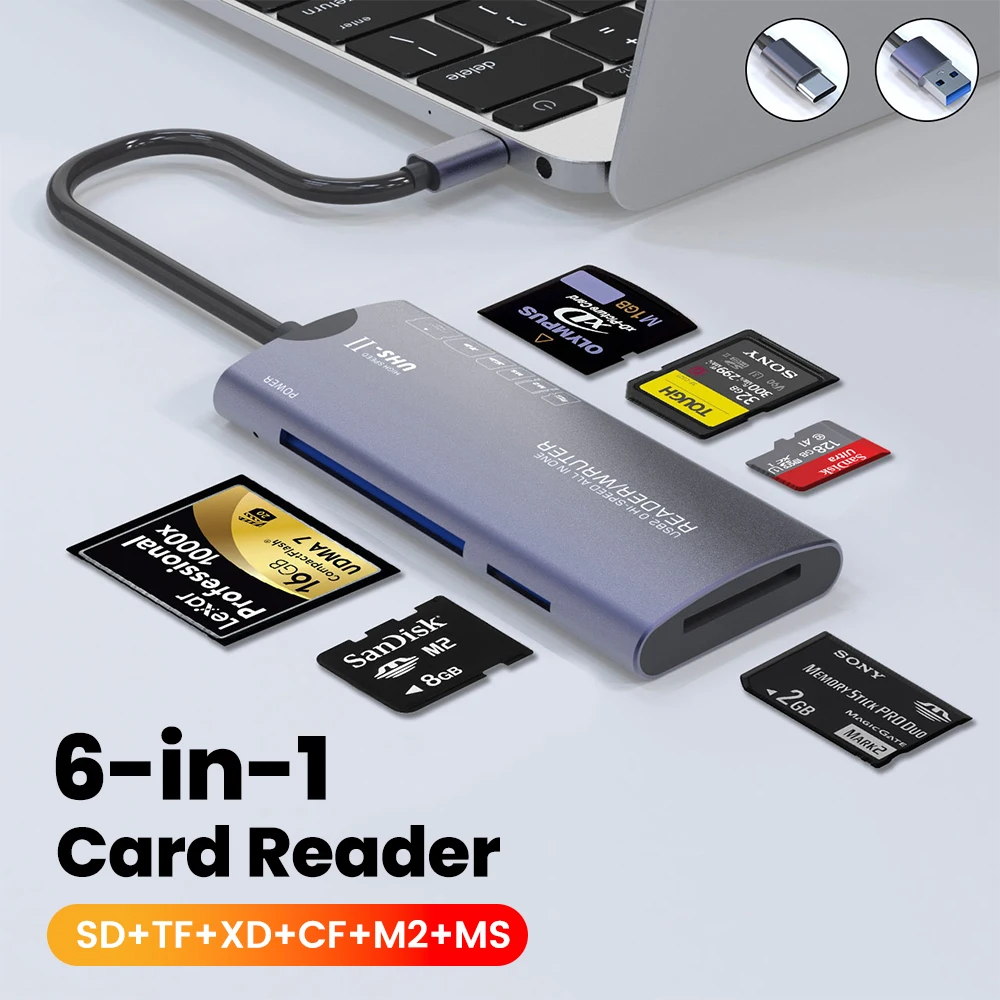 Lector multifuncional USB2.0 6 en 1, adaptador de tarjeta de memoria SD/TF/XD/CF/M2, adecuado para cámaras, ordenadores, transferencia de datos de alta velocidad