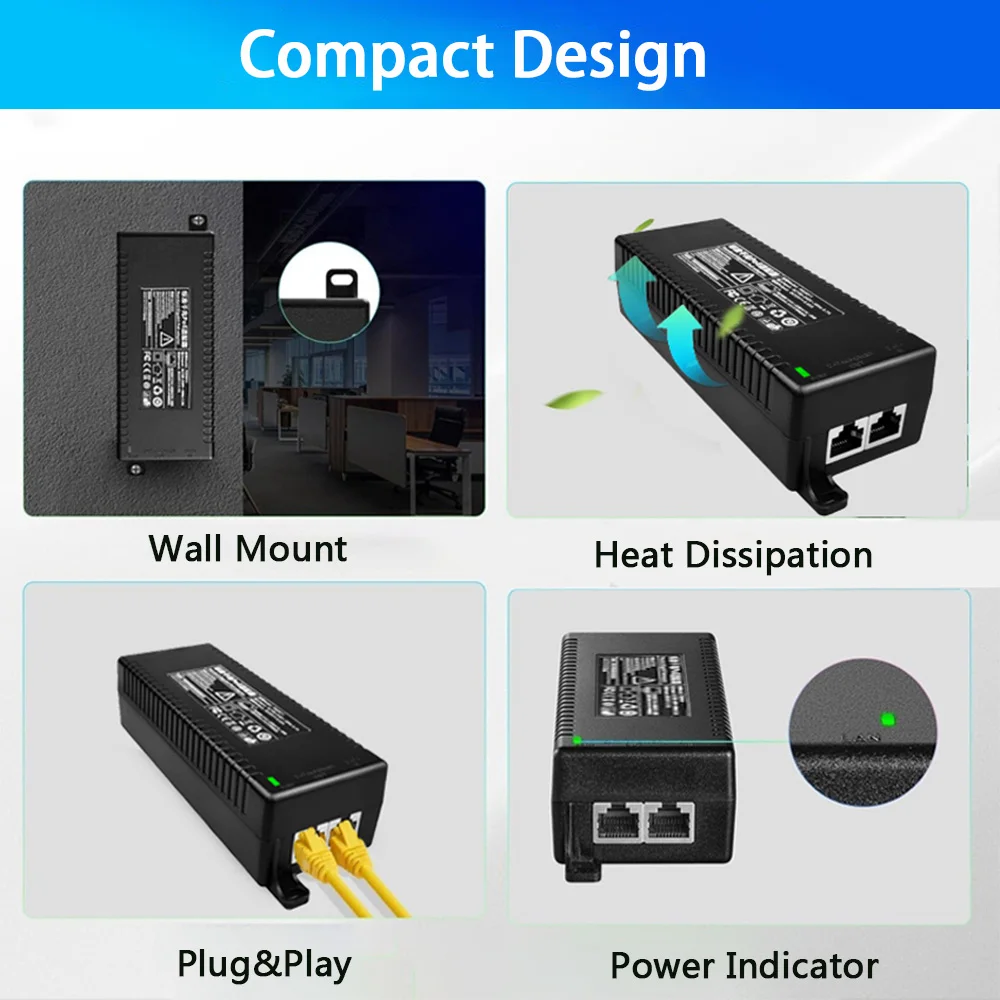 Injektor POE 1000Mbps/2.5G/10G Aktywny/Pasywny 30W/60W/90W Adapter Ethernet Dużej Mocy do Kamer IP Routerów Punktów Dostępowych WiFi