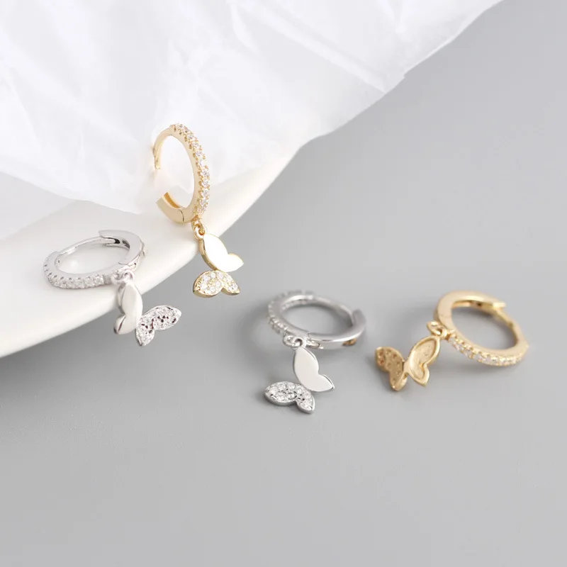 Chất Liệu Bạc 925 Bướm Đôi Khuyên Tai Vòng Cho Nữ Sáng Bóng CZ Vàng Trang Sức Bạc Quà Tặng