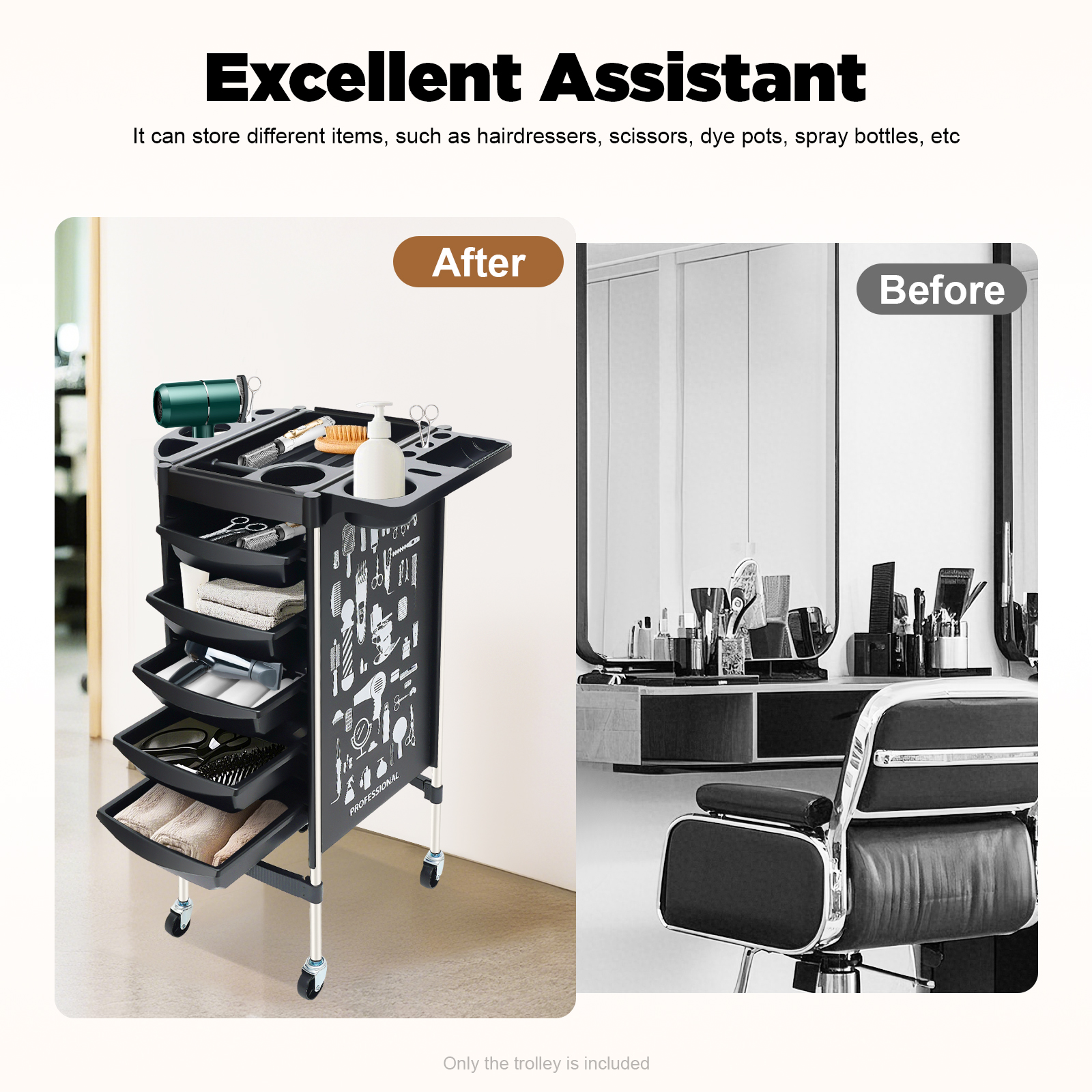 Carrello per parrucchiere e salone di bellezza con 5 cassetti Carrello di grande capacità Ruote con piattaforma multifunzionale Movimento flessibile