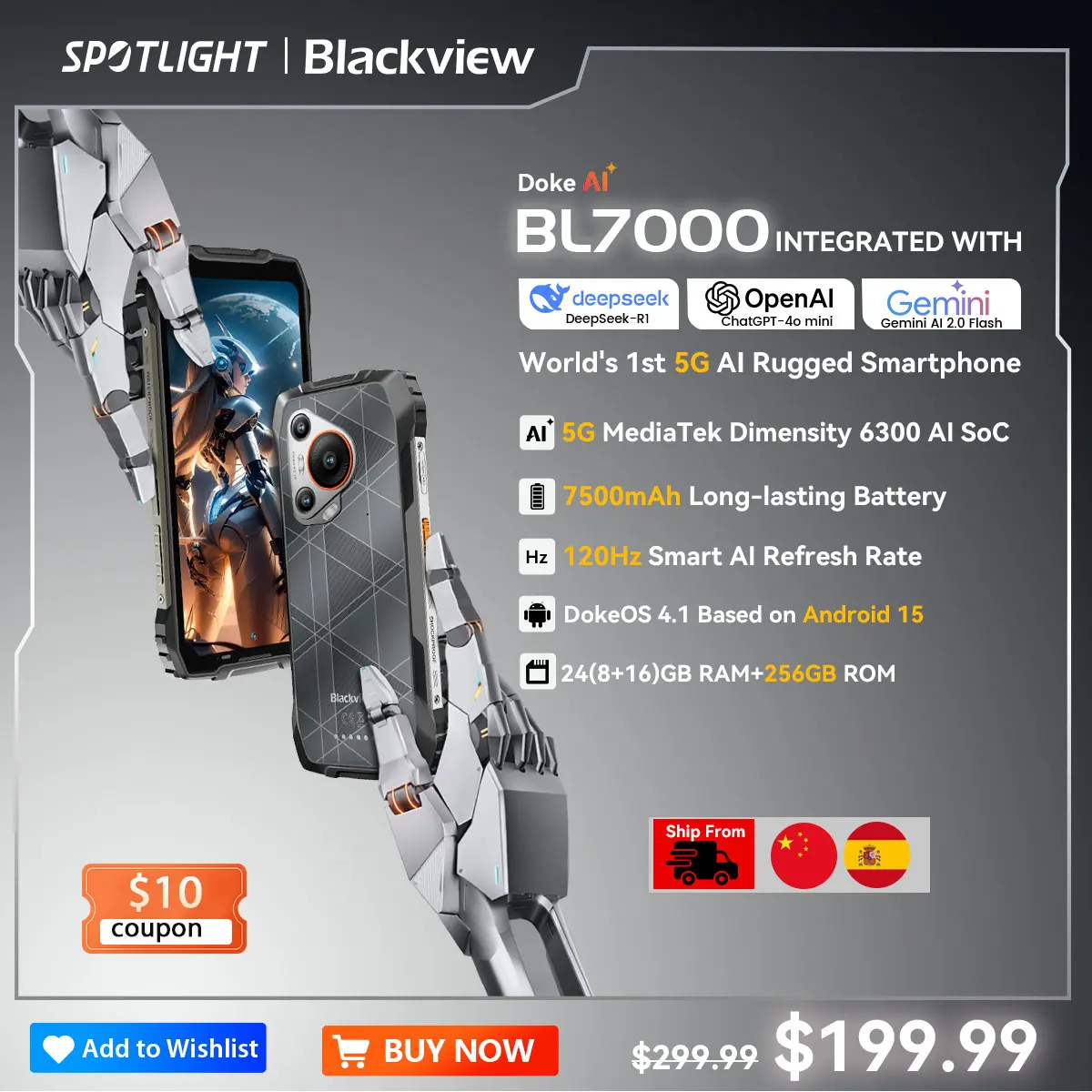 BLACKVIEW BL7000 5G AI Rugged Phone Deepseek GPT Android 15 Smartphone, 6.78" HD+2.4K Display 120Hz, 8GB RAM 256GB, 7500Amh