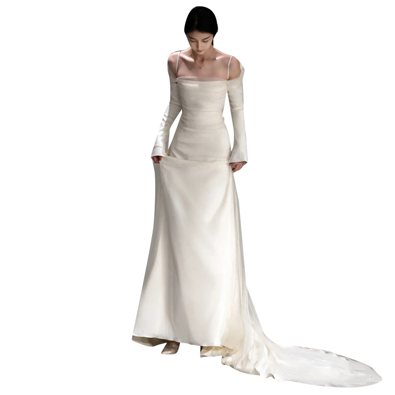 Robe de mariée légère à manches longues, princesse sirène à longue queue, simple et élégante, hors de l'initiative, quelle que soit CasTrio