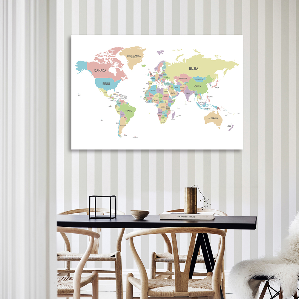 Carte du monde en tissu non tissé, affiche d'art Spray espagnol, autocollant mural, carte, décoration d'intérieur, fournitures d'étude de voyage Fuchsia, 225x150cm